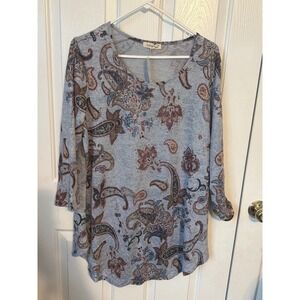 Indigo Soul 2X‎ Large Paisley Shirttail Top Blue Lightweight 3/4 Sleeve